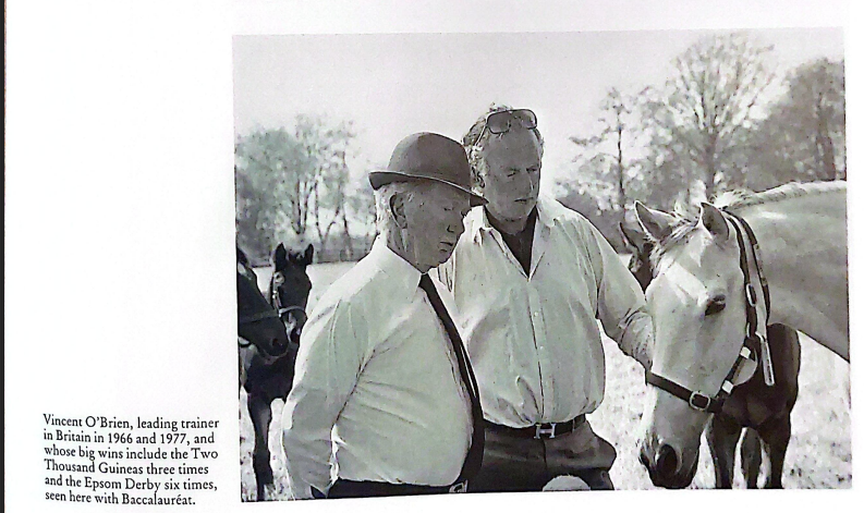 Vincent O'Brien, leading trainer in Britain in 1966 and 1977, and whose big wins include the Two Thousand Guineas three times and the Epsom Derby six times, seen here with Baccalauréat.